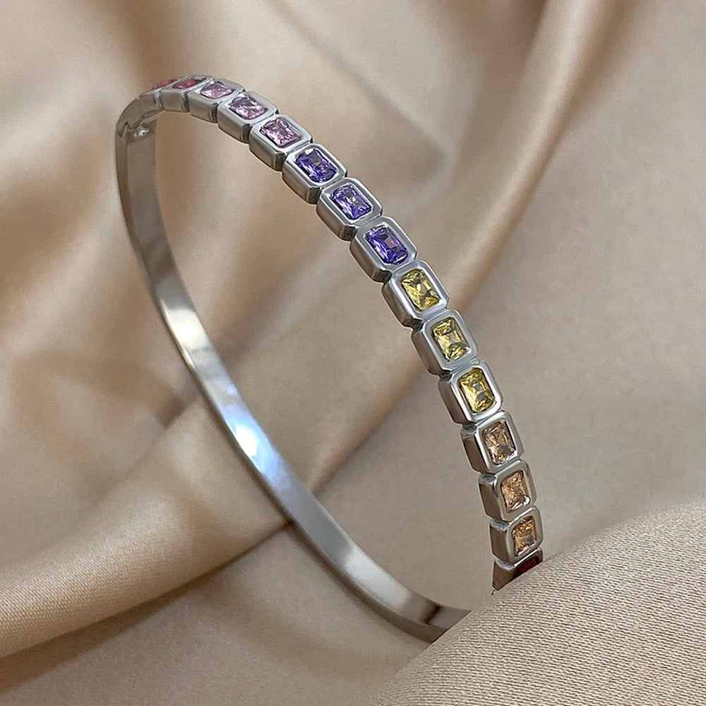 Stainless Steel Bangles Bracelets for Men Women Elegant Inlaid Colorful Square Rhinestone Open Bangle Party Wedding Cuff Jewelry