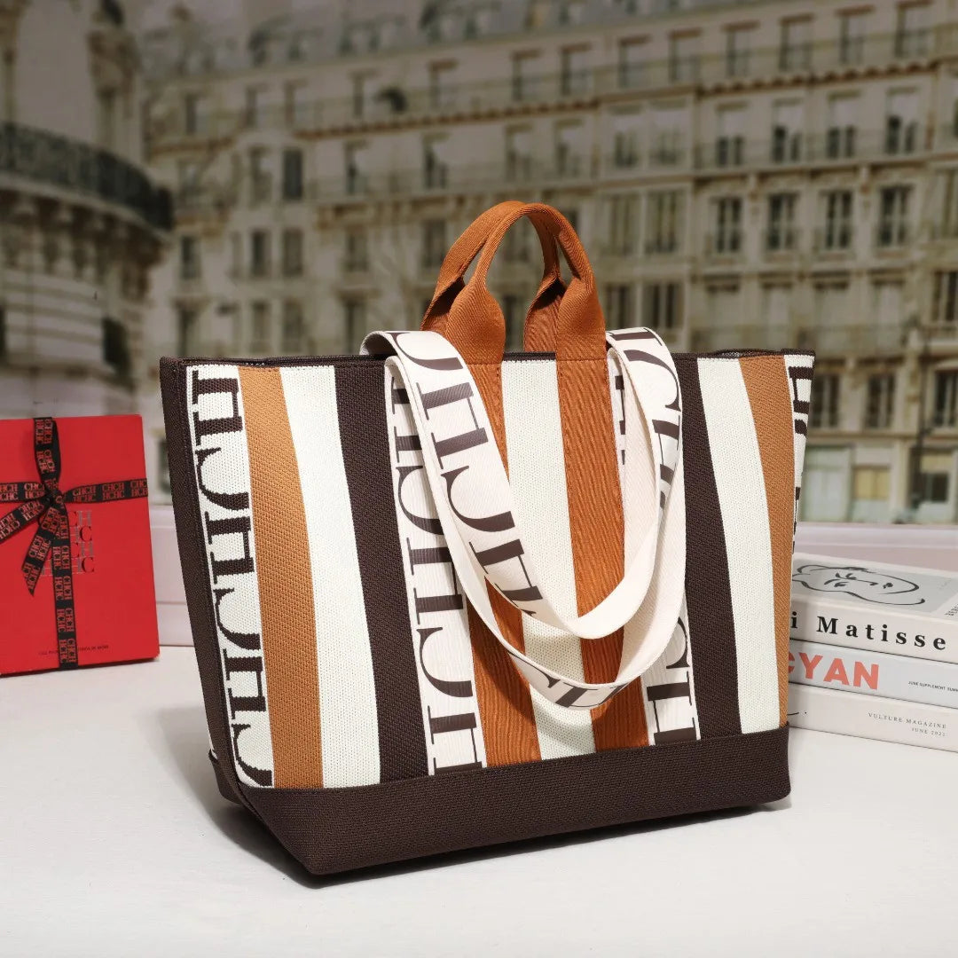 CH Classic Ladies Crossbody Bag Large Capacity Commuter Style Ladies Tote Bag Simple Stripe Design Ladies Shoulder Bag Letters