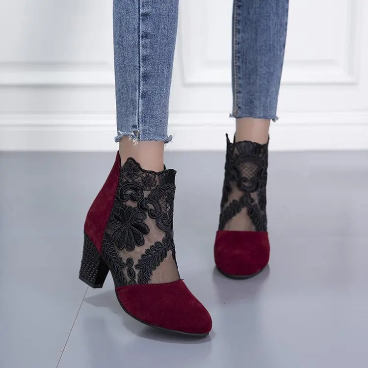 Women's Lace Heeled Shoes Fashion Ladies Roman Sandals Breathable Ladies Shoes Elegant Ladies Pumps New Mesh Sandalias De Tacón