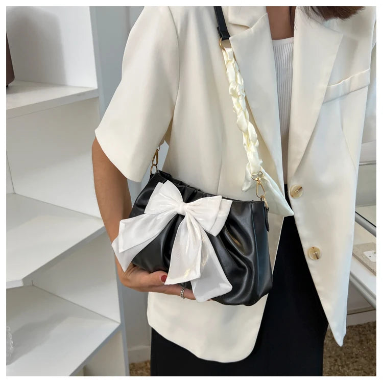 Lovely Bow Handbags for Girls Ladies Fashion Pleated Shoulder Bags for Women Simple Design Female Underarm Bag Casual Tote Purse
