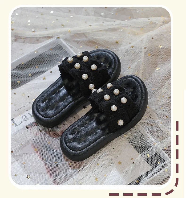 Slippers Princess Wind Pearl Puffs Girls Little Girl Slippers Soft Bottom Outside Penetrating Air Sandals