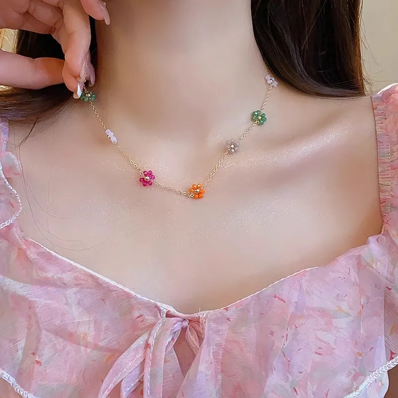 2024 New Colored Artificial Crystal Beaded Flowers Necklace for Women Gold-plated Stainless Steel Waterproof Jewelry Accessories