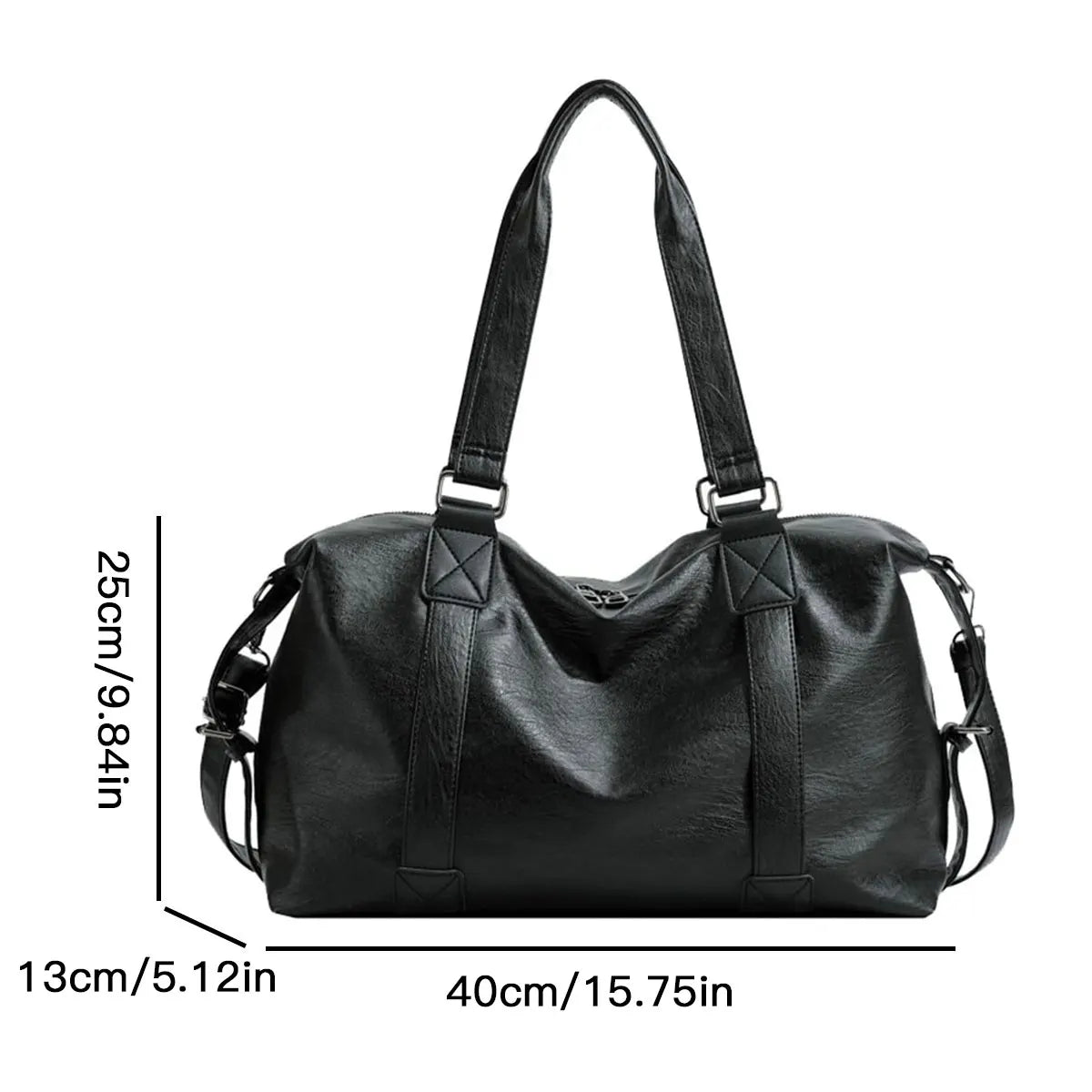 Ladies' large black PU travel handbag with shoulder strap and top handle, suitable for work, fitness, and shopping, handbag-liu