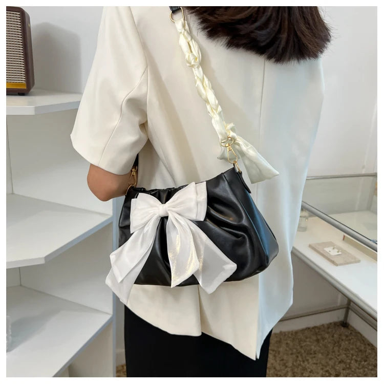 Lovely Bow Handbags for Girls Ladies Fashion Pleated Shoulder Bags for Women Simple Design Female Underarm Bag Casual Tote Purse