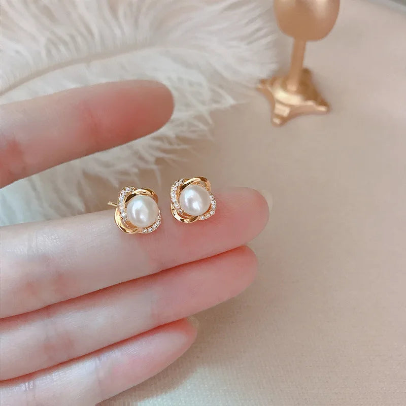 Upscale 14k Gold Jewelry Real Gold Earrings Zircon Pearl Twist Luxury Stud Earrings for Women Brincos Pendientes Bijoux