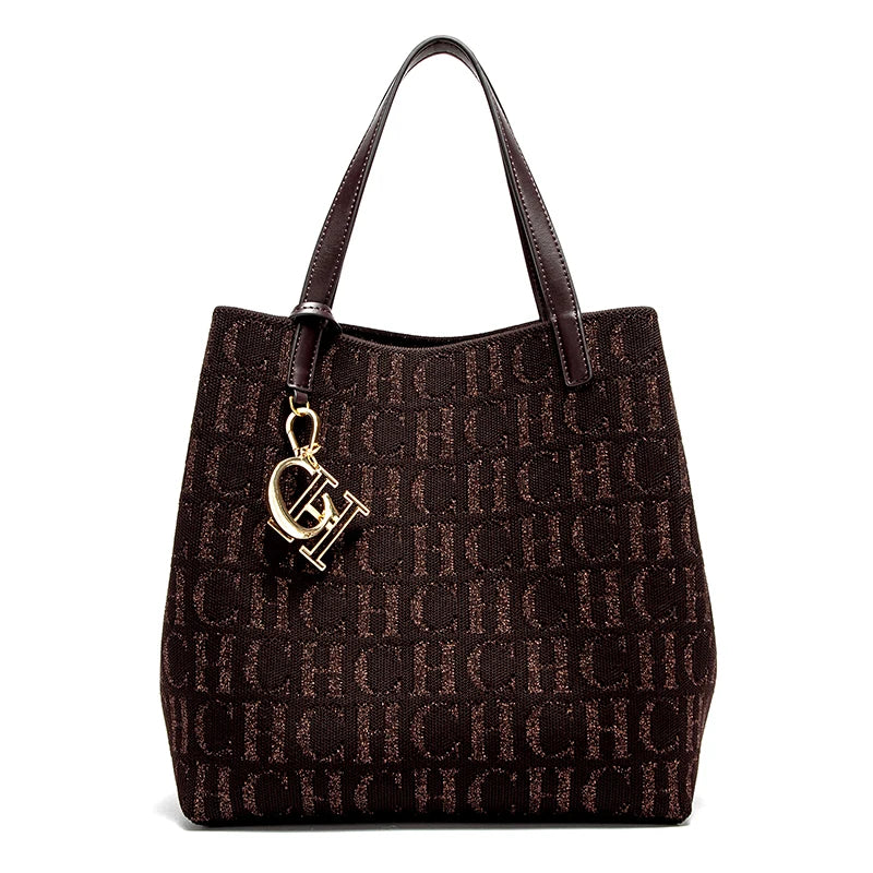 CH Ladies Tote Bag Large Capacity Ladies Shoulder Bag Simple Daily Commuter Bag Ladies Crossbod Solid Colour Letter Print Design
