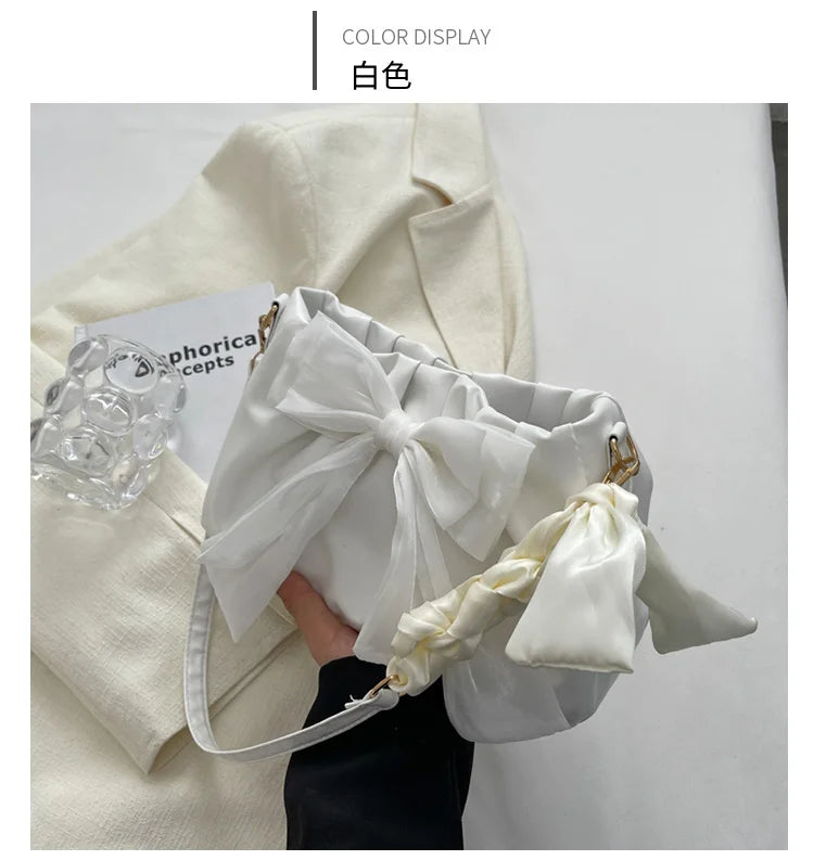 Lovely Bow Handbags for Girls Ladies Fashion Pleated Shoulder Bags for Women Simple Design Female Underarm Bag Casual Tote Purse