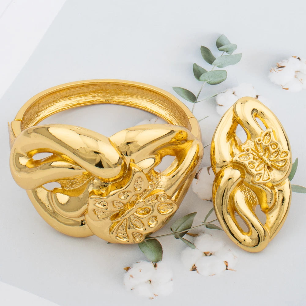 Large Hoop Bangle for Women Flower Italian Dubai Gold Color Bracelet Ring Jewelry Set Luxury Copper Fashion Birthday Party Gift
