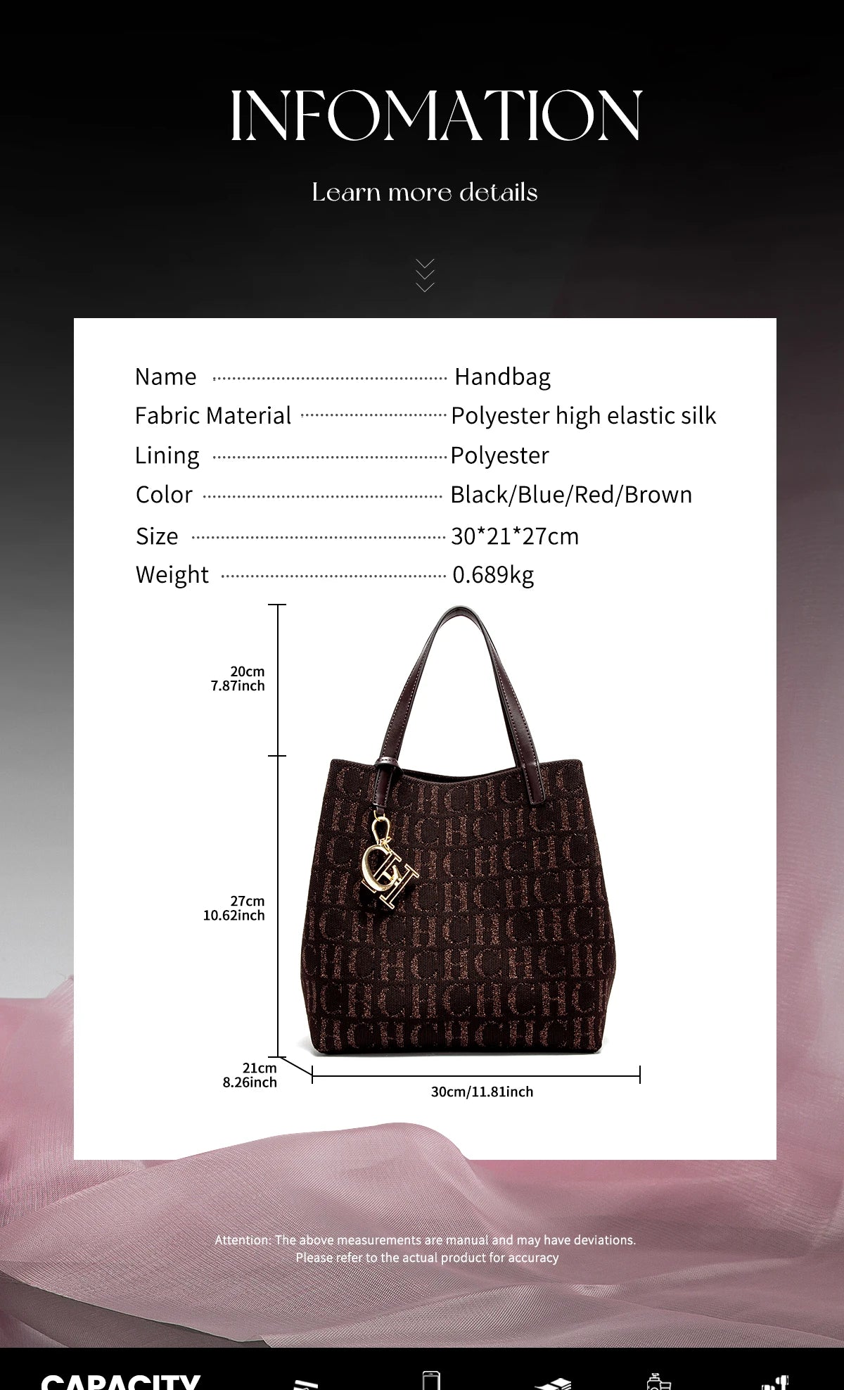 CH Ladies Tote Bag Large Capacity Ladies Shoulder Bag Simple Daily Commuter Bag Ladies Crossbod Solid Colour Letter Print Design