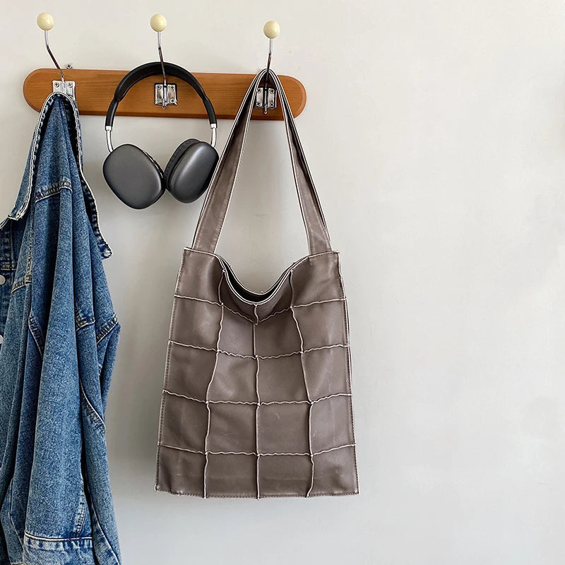 Ladies Handbag Women Vintage Bag Large Capacity Female Bag Brand Designer Plaid Shoulder Bag Soft Leather Top Handle Tote Bags