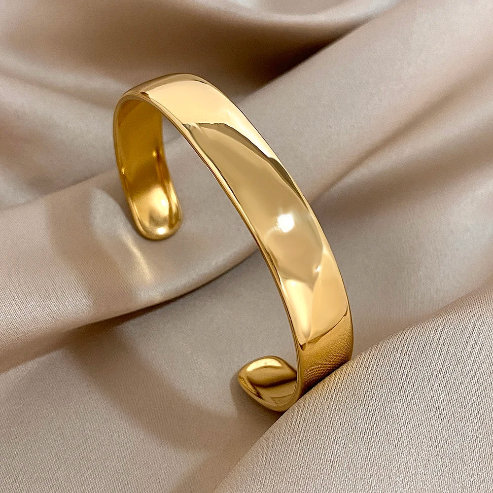 Gold Plated Tarnish Free Smooth Wide Cuff Bangles Bracelets for Woman Men Simple Irregular Minimalist Open Bangles Wrist Bangles