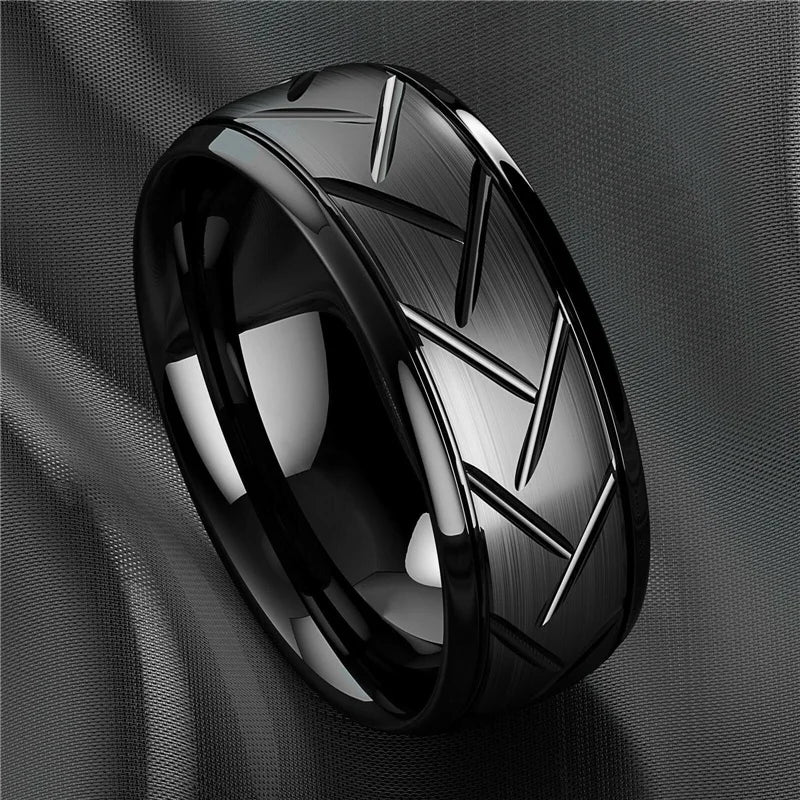 Fashion Stainless Steel Black Ring Stylish Simple Men's Black Wire Groove Tire Ring Artificial Jewelry Lover Gift