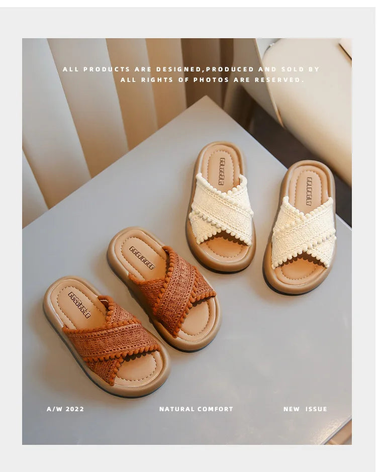 Girls Summer Slippers Princess Sweet Kids Slides Beach Shoes Bohemia Woven Children's Outdoor Slippers Anti-slippery 23-37 Soft