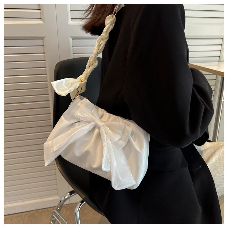 Lovely Bow Handbags for Girls Ladies Fashion Pleated Shoulder Bags for Women Simple Design Female Underarm Bag Casual Tote Purse