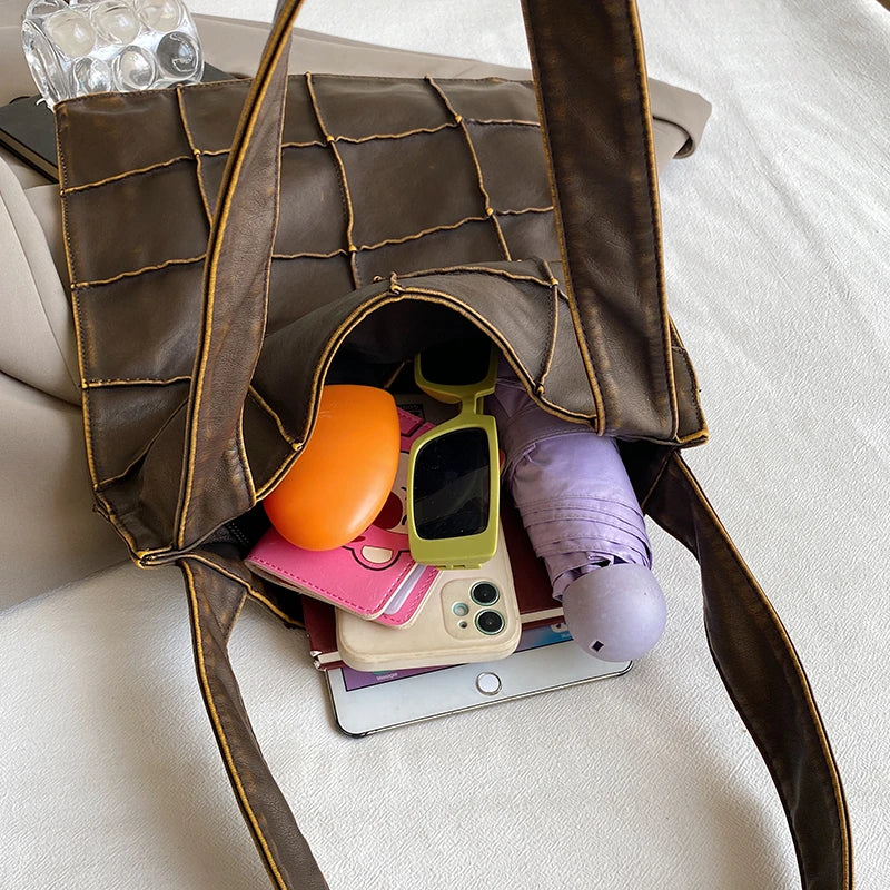 Ladies Handbag Women Vintage Bag Large Capacity Female Bag Brand Designer Plaid Shoulder Bag Soft Leather Top Handle Tote Bags