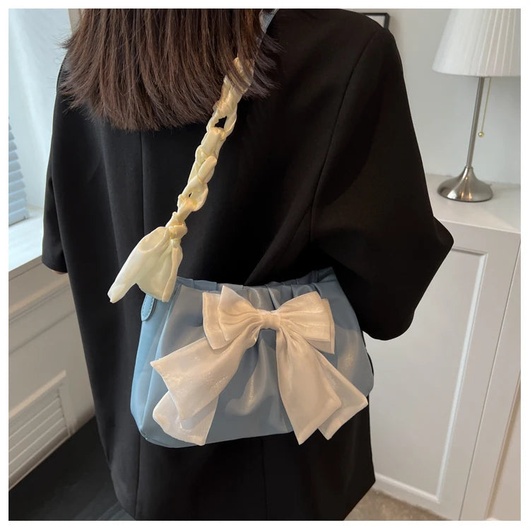 Lovely Bow Handbags for Girls Ladies Fashion Pleated Shoulder Bags for Women Simple Design Female Underarm Bag Casual Tote Purse
