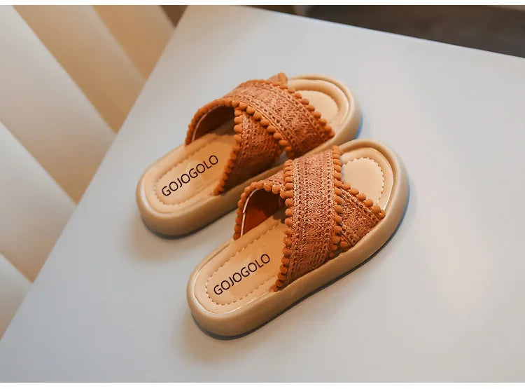 Girls Summer Slippers Princess Sweet Kids Slides Beach Shoes Bohemia Woven Children's Outdoor Slippers Anti-slippery 23-37 Soft