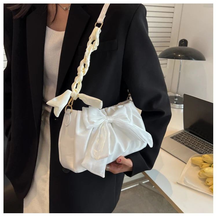 Lovely Bow Handbags for Girls Ladies Fashion Pleated Shoulder Bags for Women Simple Design Female Underarm Bag Casual Tote Purse