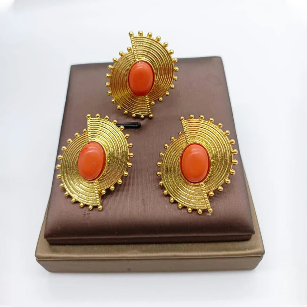 African Jewelry Set for Women Spiral Shape New Fashion Purpuse Stone Earrings Finger Ring Dubai Indian Luxury Gold Color Jewelry