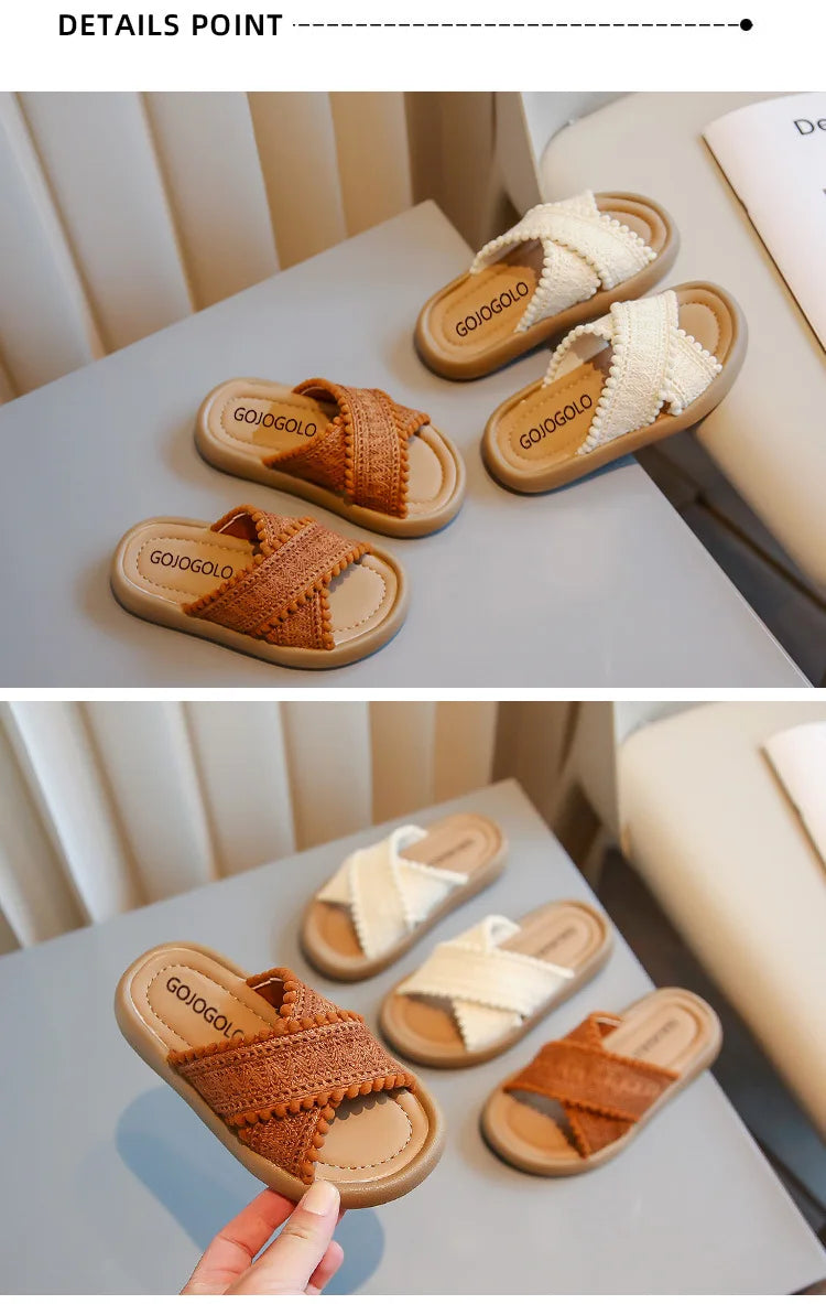 Girls Summer Slippers Princess Sweet Kids Slides Beach Shoes Bohemia Woven Children's Outdoor Slippers Anti-slippery 23-37 Soft