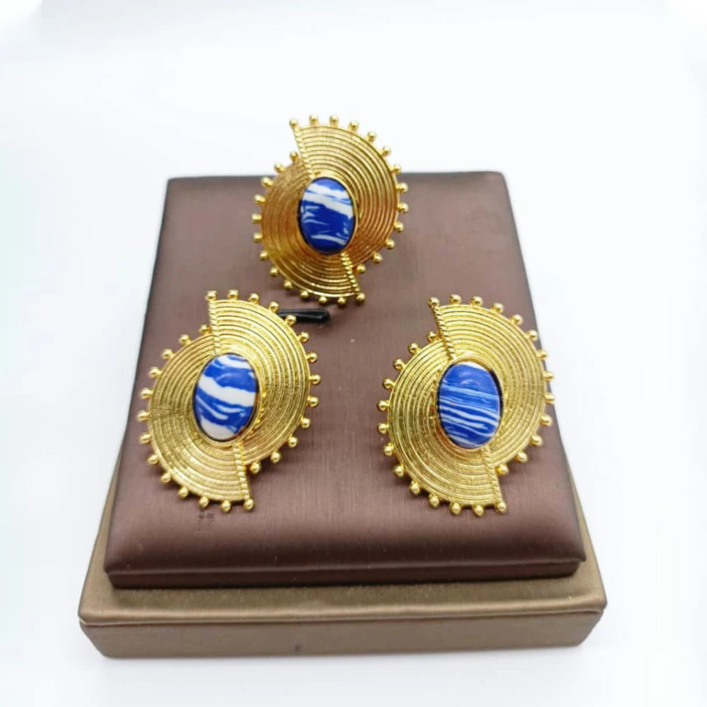 African Jewelry Set for Women Spiral Shape New Fashion Purpuse Stone Earrings Finger Ring Dubai Indian Luxury Gold Color Jewelry