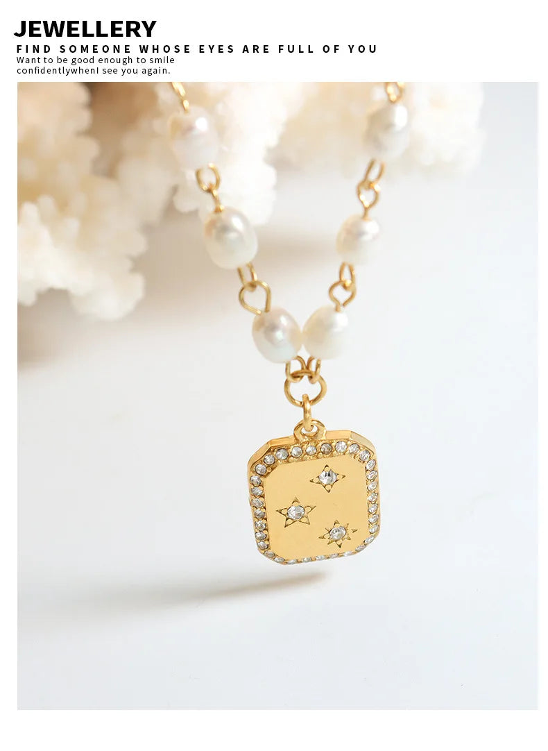 Fashion Trendy Square Zircon Inlaid Pendant Artificial Pearl Necklace European and American Style Female Temperament Jewelry