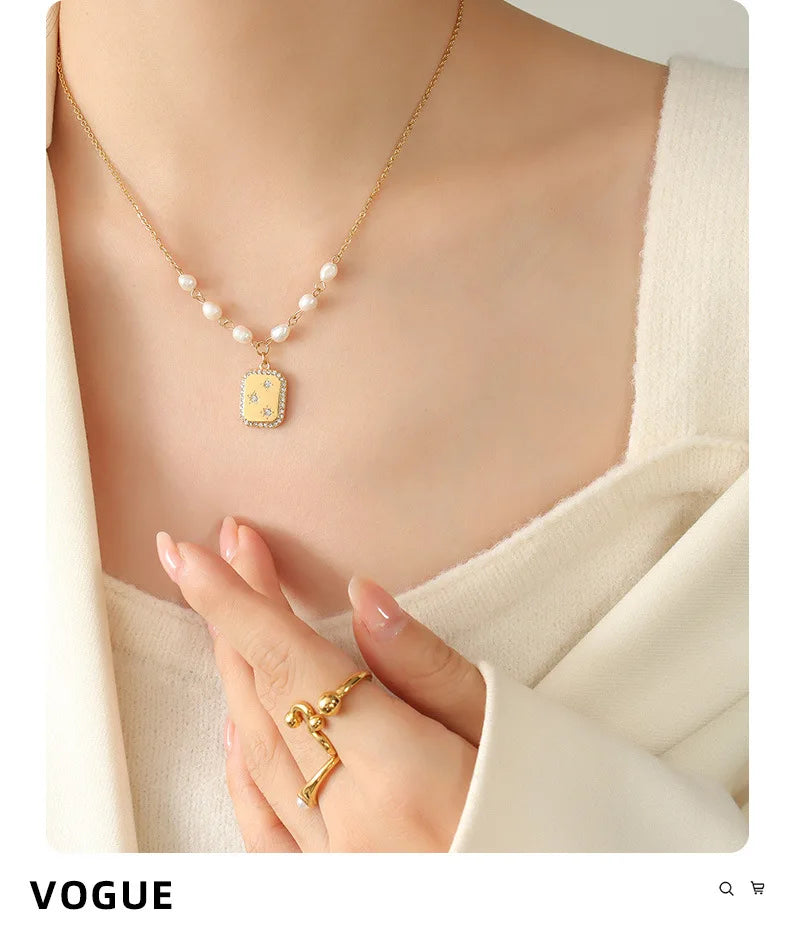 Fashion Trendy Square Zircon Inlaid Pendant Artificial Pearl Necklace European and American Style Female Temperament Jewelry
