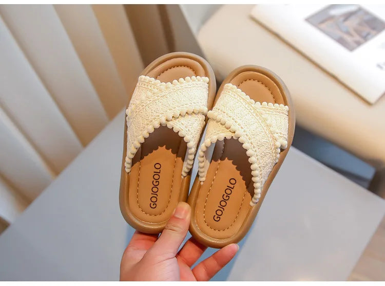 Girls Summer Slippers Princess Sweet Kids Slides Beach Shoes Bohemia Woven Children's Outdoor Slippers Anti-slippery 23-37 Soft