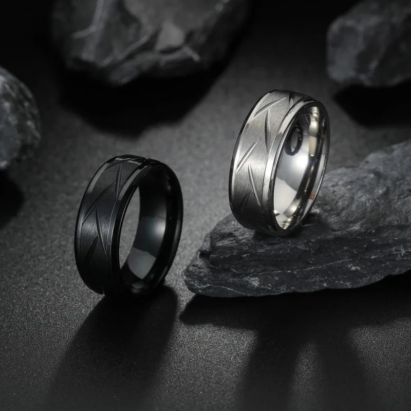 Fashion Stainless Steel Black Ring Stylish Simple Men's Black Wire Groove Tire Ring Artificial Jewelry Lover Gift