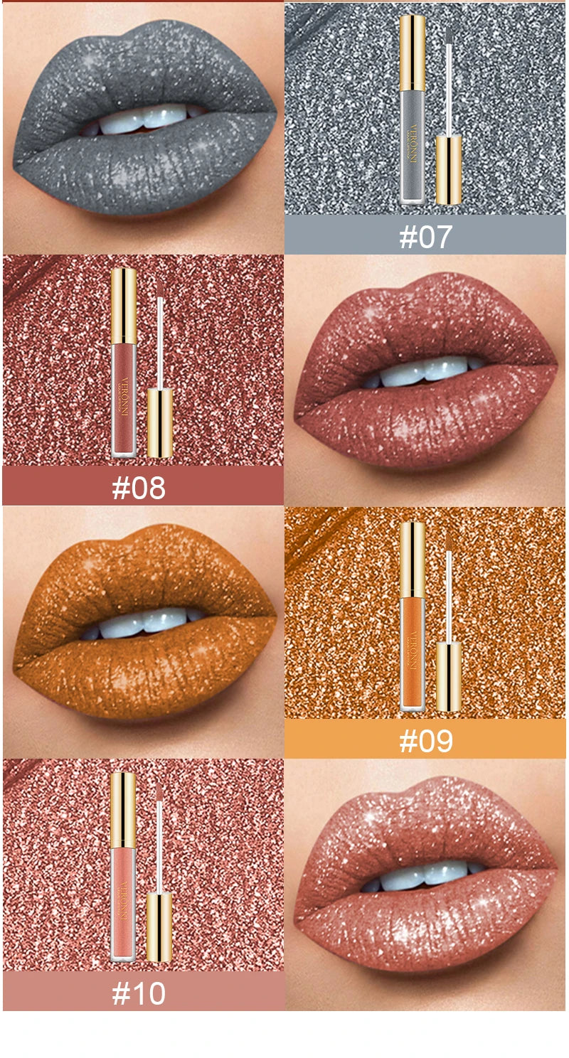 15 Color Glitter Liquid Lipsticks Shimmer Shiny Lipgloss Pearlescent Lip Tint Waterproof Long Lasting Matte Diamond Lips Glaze