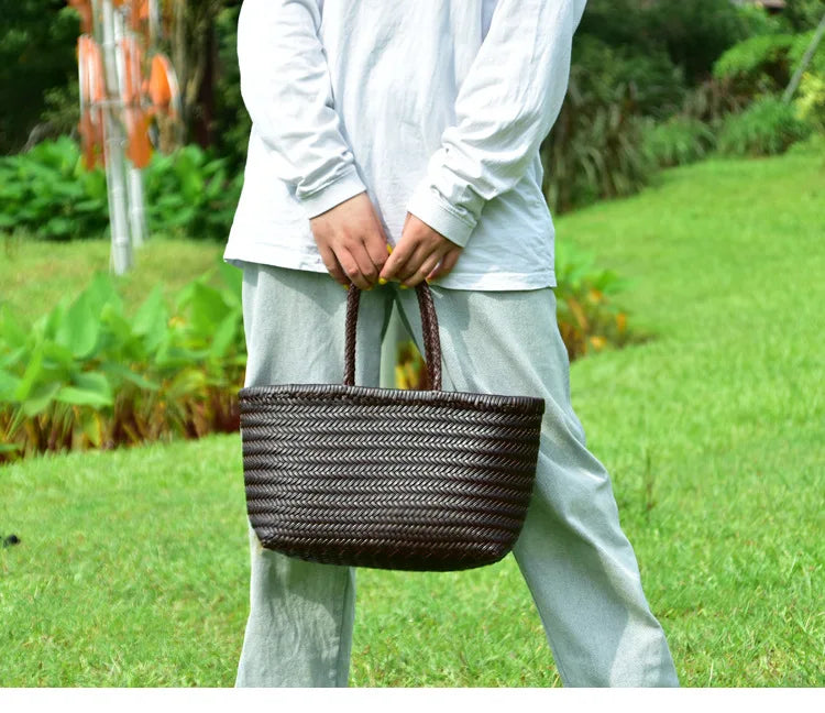 Handbags Women's Genuine Leather Shoulder Bag Weaving Casual Shopping Bag Vintage Big Tote Purse Cowhide Cross Hand Bags Lady