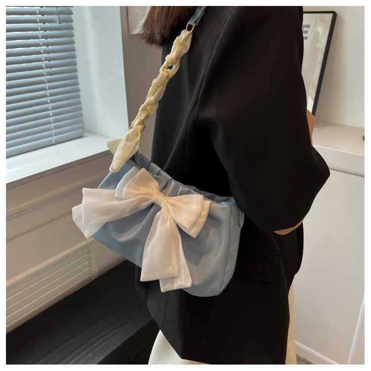 Lovely Bow Handbags for Girls Ladies Fashion Pleated Shoulder Bags for Women Simple Design Female Underarm Bag Casual Tote Purse