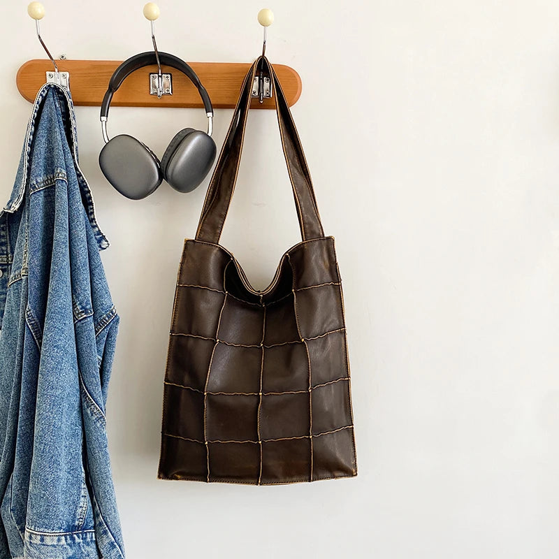 Ladies Handbag Women Vintage Bag Large Capacity Female Bag Brand Designer Plaid Shoulder Bag Soft Leather Top Handle Tote Bags