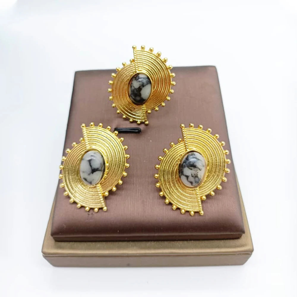 African Jewelry Set for Women Spiral Shape New Fashion Purpuse Stone Earrings Finger Ring Dubai Indian Luxury Gold Color Jewelry
