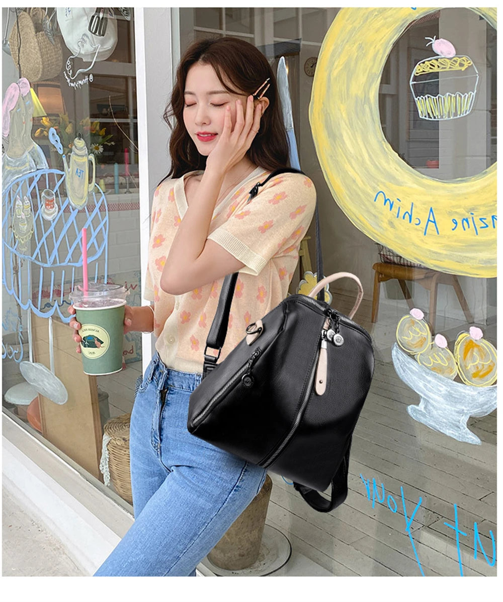 Panelled High Quality Leather Ladies Backpack Multifunctional Double Zipper Ladies Travel Backpack Fashion Ladies Shoulder Bag