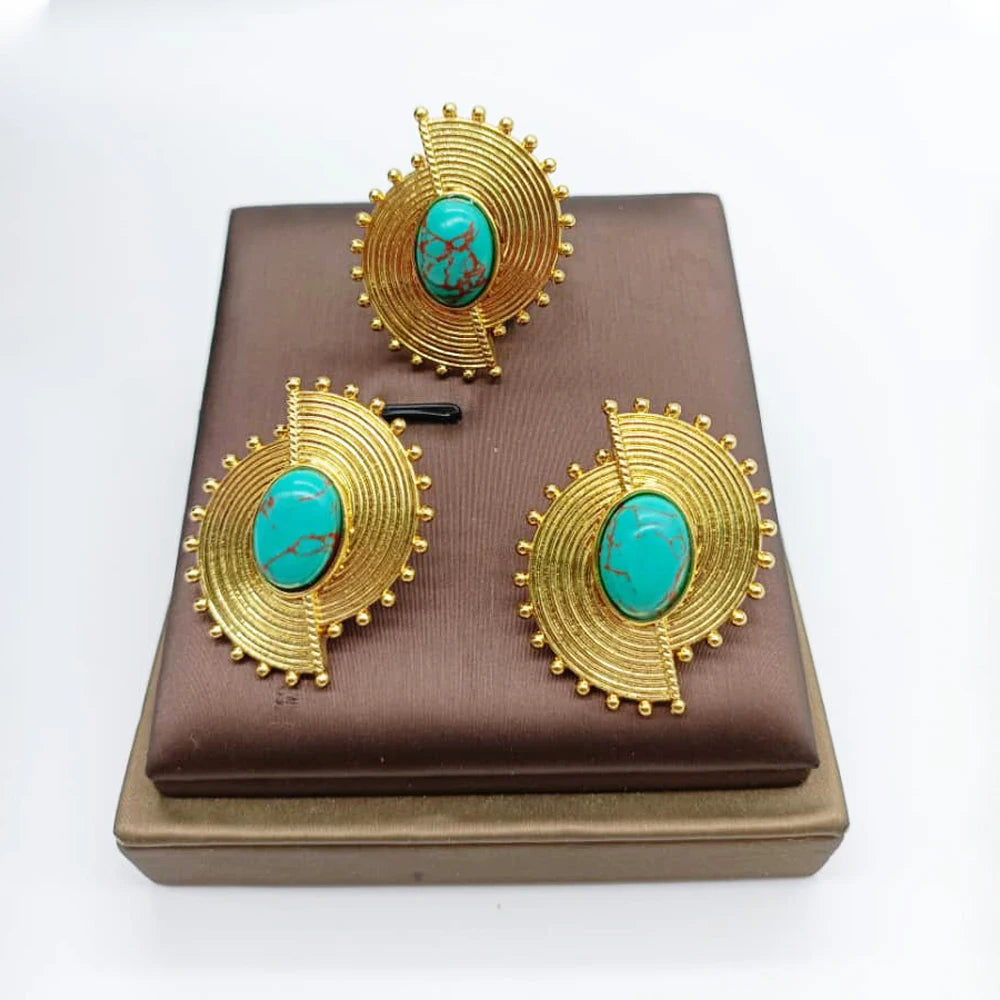 African Jewelry Set for Women Spiral Shape New Fashion Purpuse Stone Earrings Finger Ring Dubai Indian Luxury Gold Color Jewelry