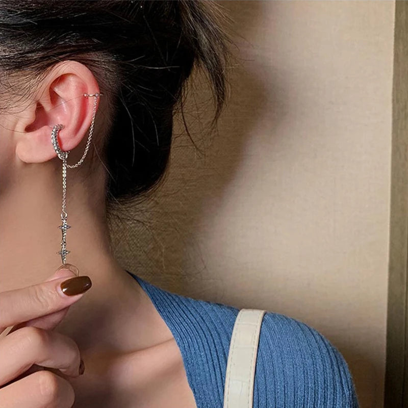 Shiny Silver Color Crystal Tassel Non-Piercing Cuff Ear Clip Earring For Women Rhinestone Star Fake Cartilage Piercing Jewelry