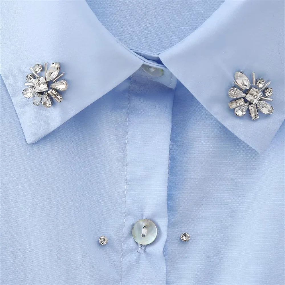 2024ZAR * New Spring/Summer Women's Wear European and American Style Fashion Artificial Jewelry Decoration Poplin Shirt