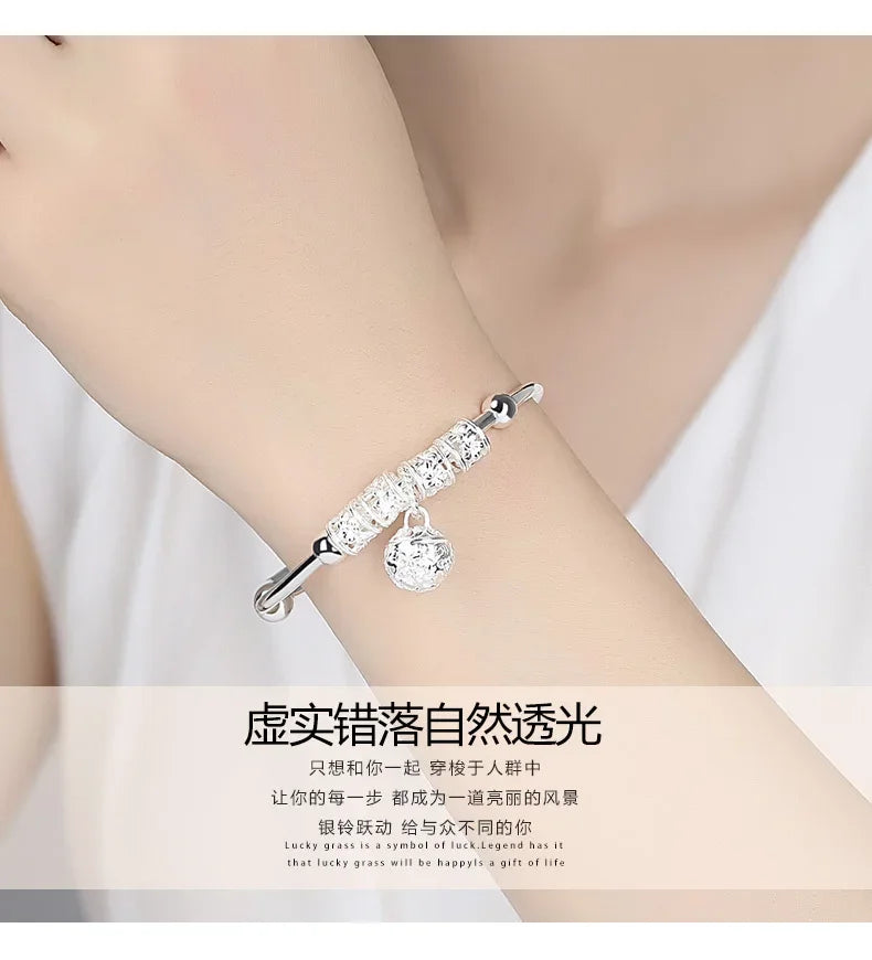 2024 Fashion Women Jewelry Gift Charm Artificial Stone Bangle Cuff Bracelet Ball Bell Pendants Sliver 925 Sterling Silver