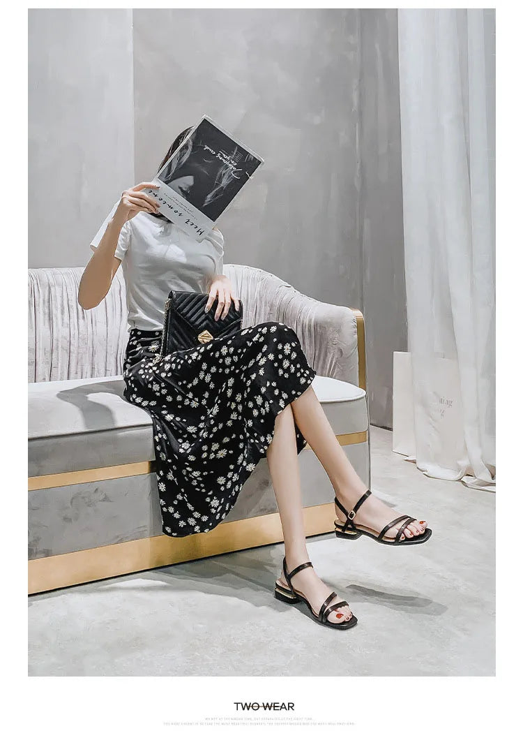 Sandals Ladies Square Heel Elegant Summer Slippers Gladiator Leather Ladies Slippers Fashion Ladies Sandals