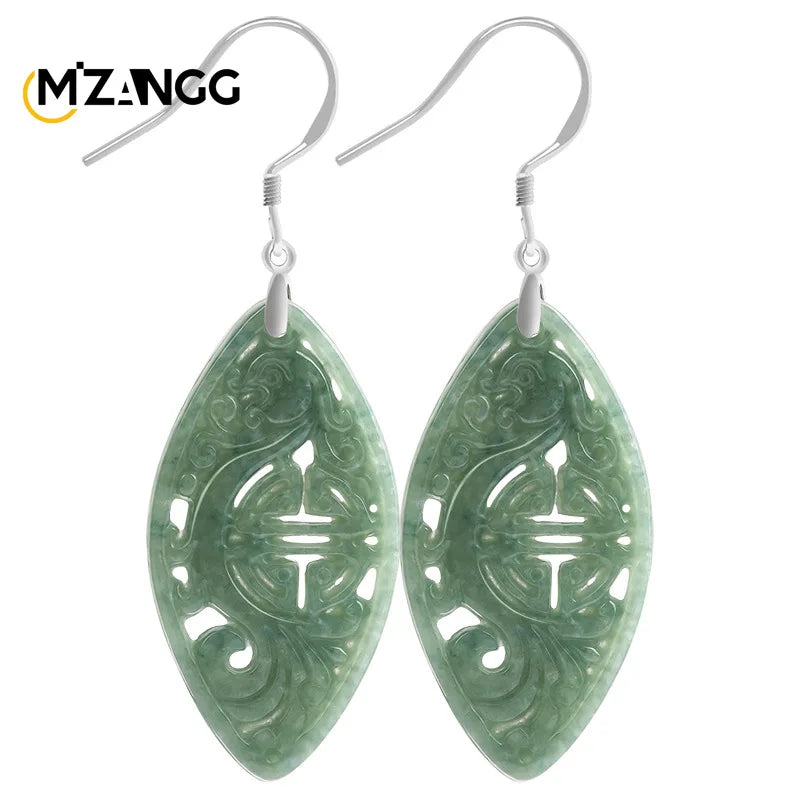 Natural Jadeite Imitation Antique Hollowed Phoenix Earrings S925 Silver Inlaid Jade Earrings Retro Fashion Women's Jewelry