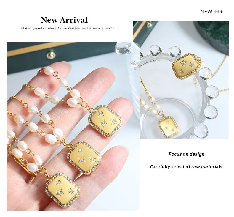 Fashion Trendy Square Zircon Inlaid Pendant Artificial Pearl Necklace European and American Style Female Temperament Jewelry