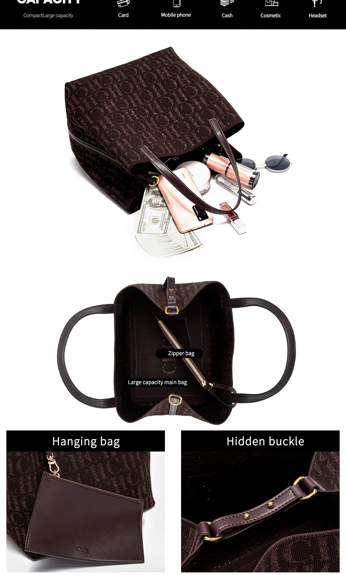CH Ladies Tote Bag Large Capacity Ladies Shoulder Bag Simple Daily Commuter Bag Ladies Crossbod Solid Colour Letter Print Design