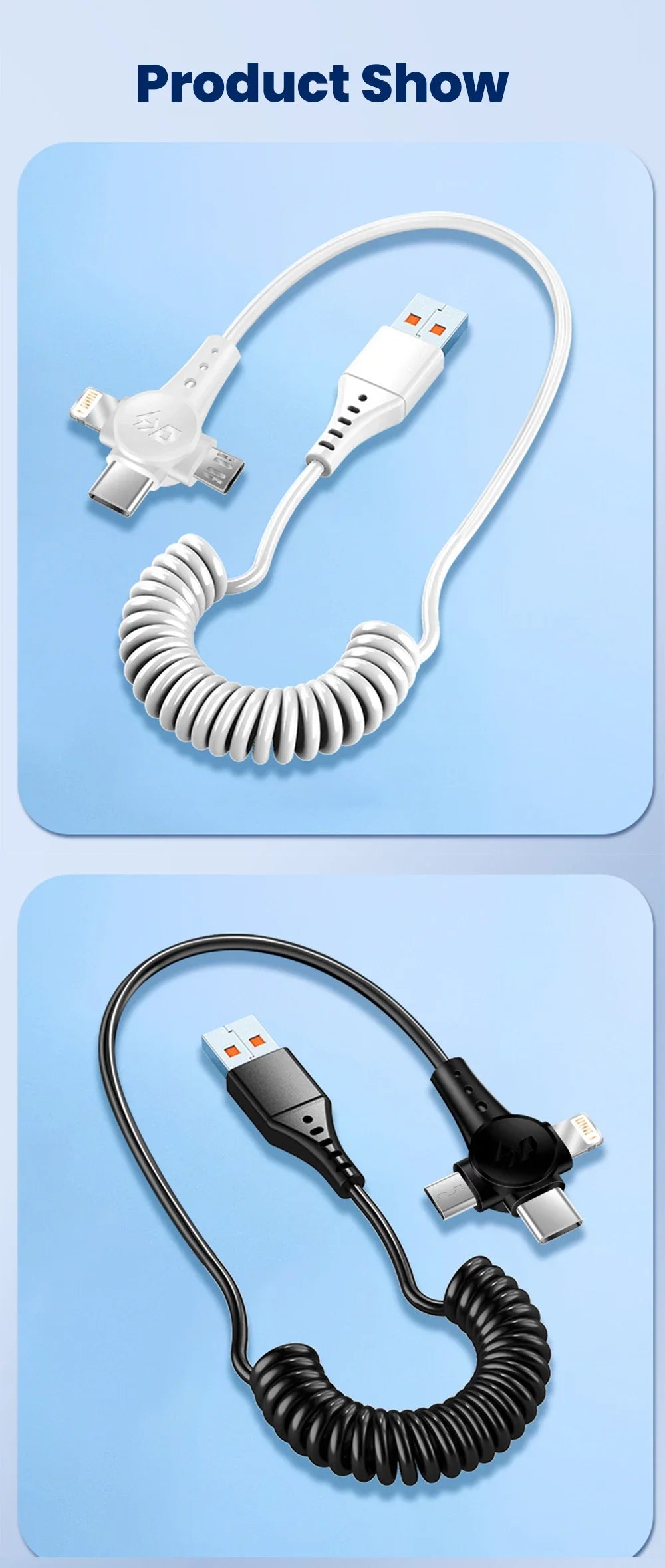 120W 3-in-1 USB C Cable Super Fast Charging Spring Retractable Data Cable For iPhone Huawei Xiaomi Phone Quick Charger Data Cord