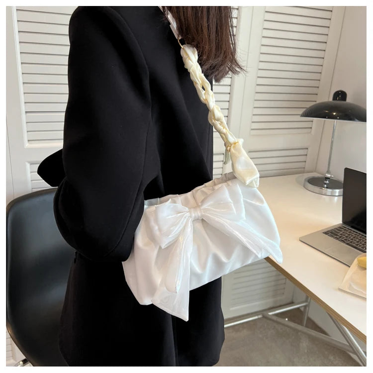 Lovely Bow Handbags for Girls Ladies Fashion Pleated Shoulder Bags for Women Simple Design Female Underarm Bag Casual Tote Purse
