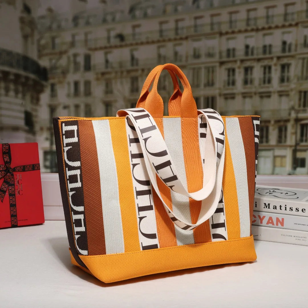 CH Classic Ladies Crossbody Bag Large Capacity Commuter Style Ladies Tote Bag Simple Stripe Design Ladies Shoulder Bag Letters