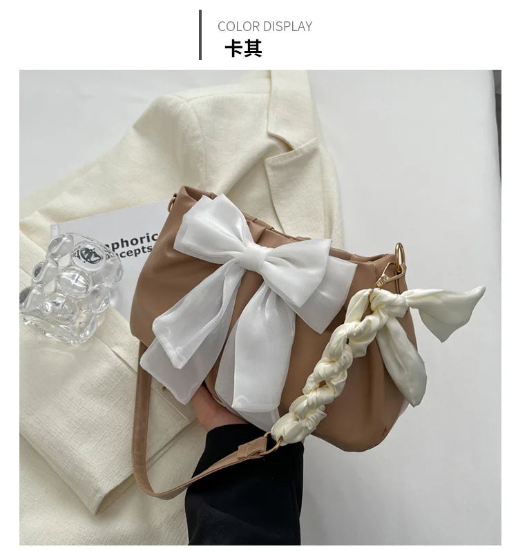 Lovely Bow Handbags for Girls Ladies Fashion Pleated Shoulder Bags for Women Simple Design Female Underarm Bag Casual Tote Purse