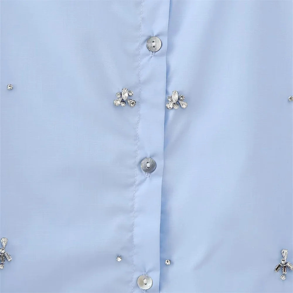 2024ZAR * New Spring/Summer Women's Wear European and American Style Fashion Artificial Jewelry Decoration Poplin Shirt