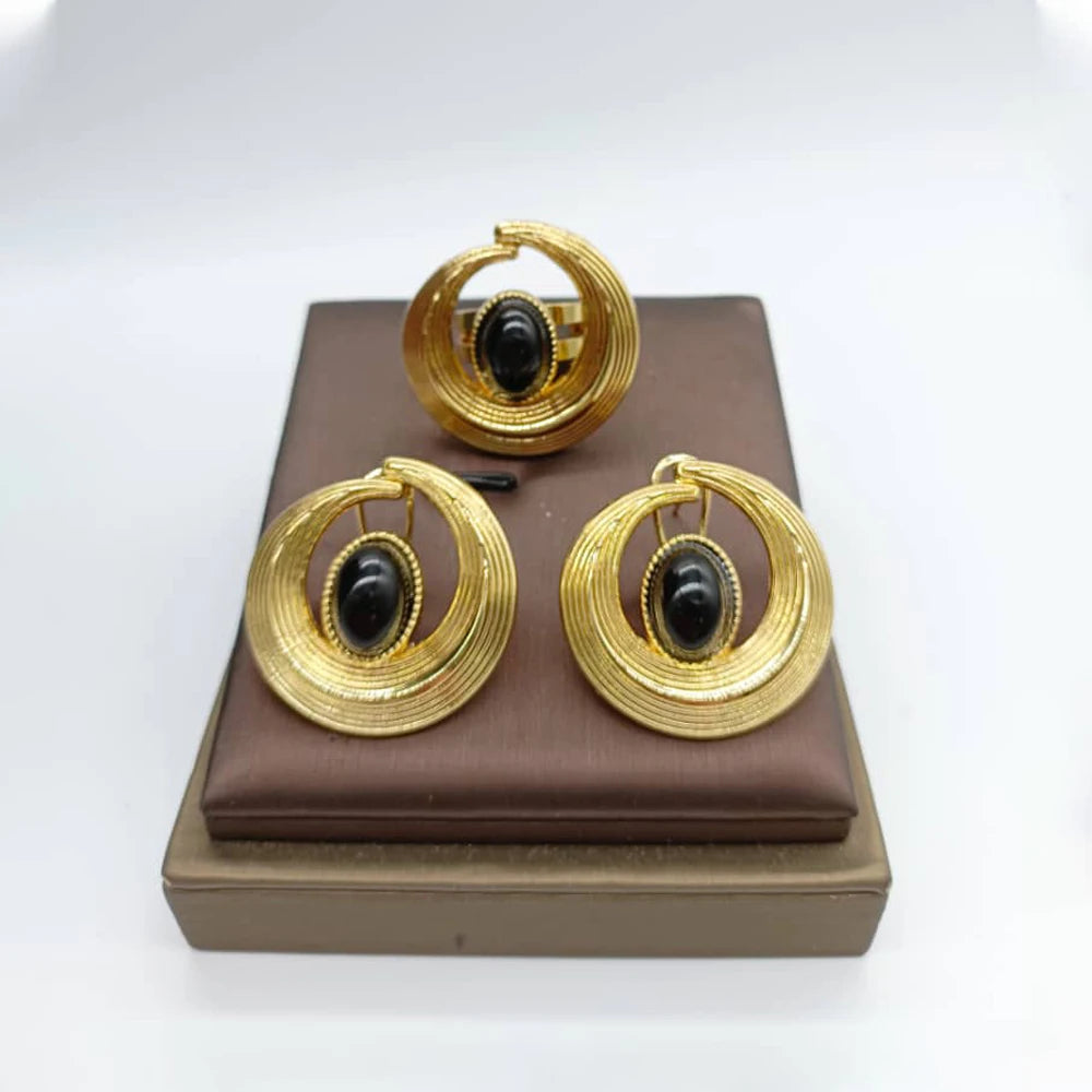 African Jewelry Set for Women Spiral Shape New Fashion Purpuse Stone Earrings Finger Ring Dubai Indian Luxury Gold Color Jewelry