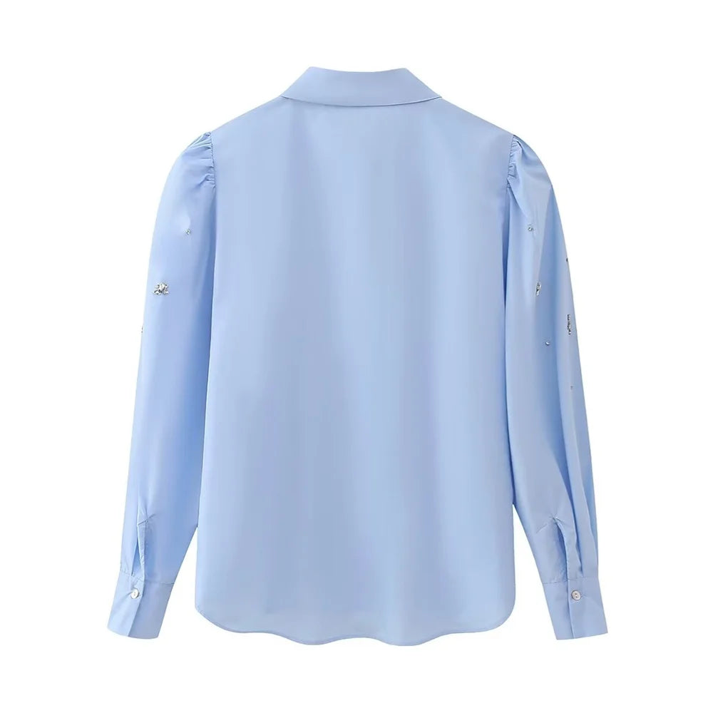 2024ZAR * New Spring/Summer Women's Wear European and American Style Fashion Artificial Jewelry Decoration Poplin Shirt